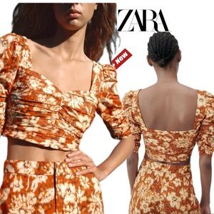 Zara Printed Drape Crop Top Square Neck Orange Floral tropical puff sleeve S NWT